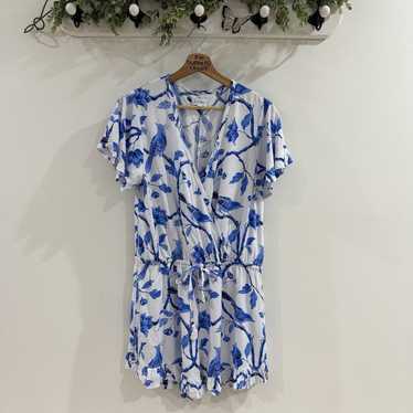 Piyama Bird Floral Blue White Print Shorts Romper… - image 1
