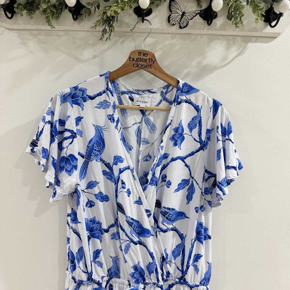 Piyama Bird Floral Blue White Print Shorts Romper… - image 3