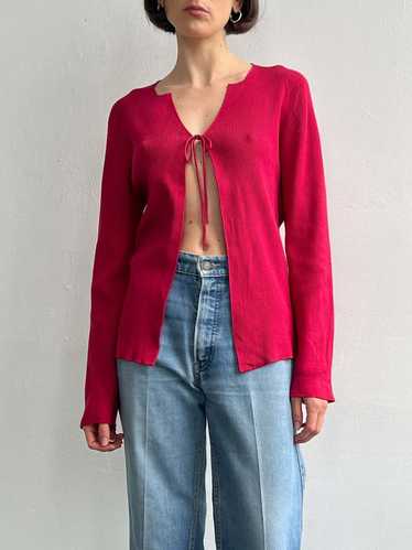 Tie Front Ribbed Silk Cardigan - Berry - image 1