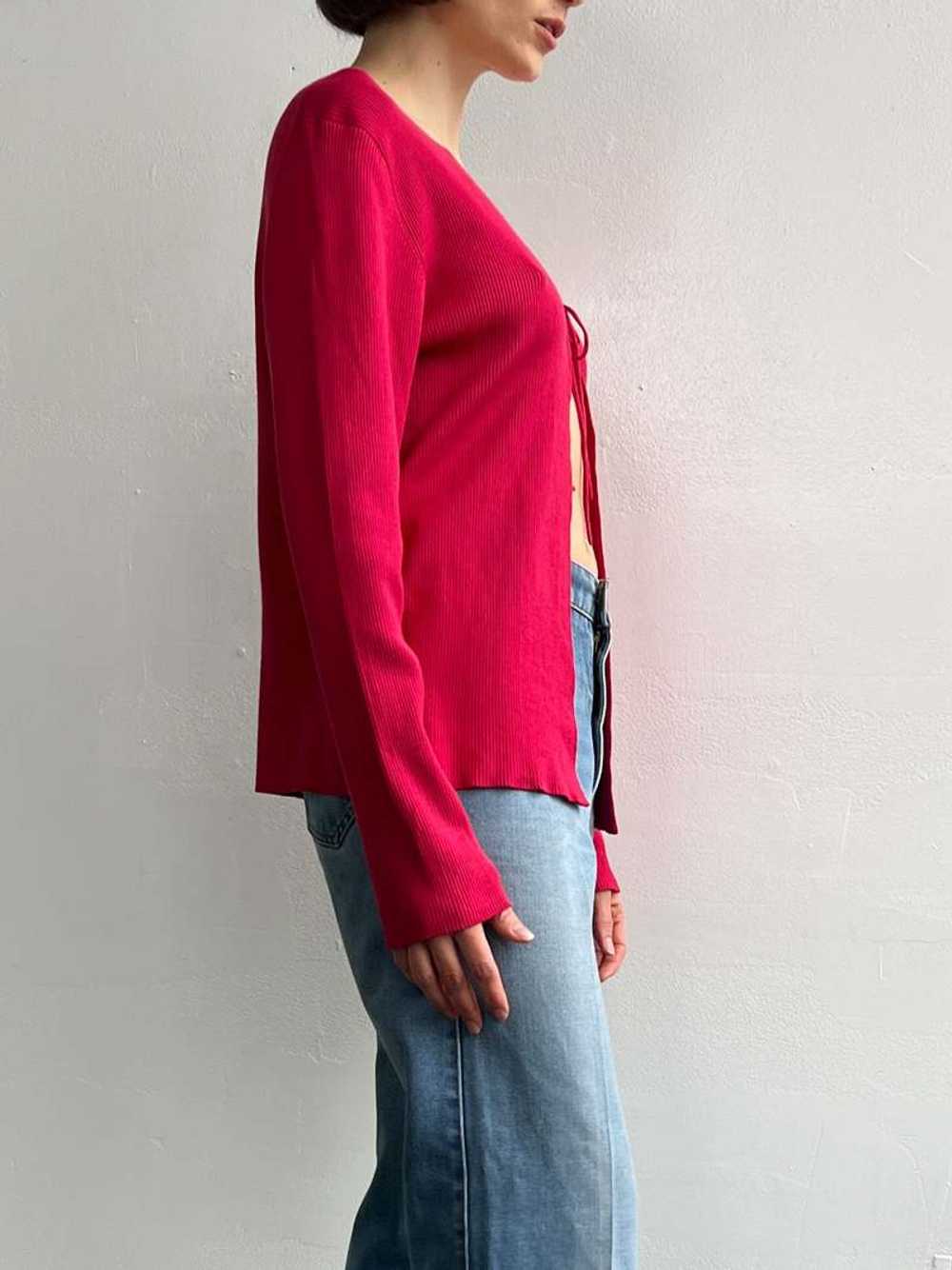 Tie Front Ribbed Silk Cardigan - Berry - image 3