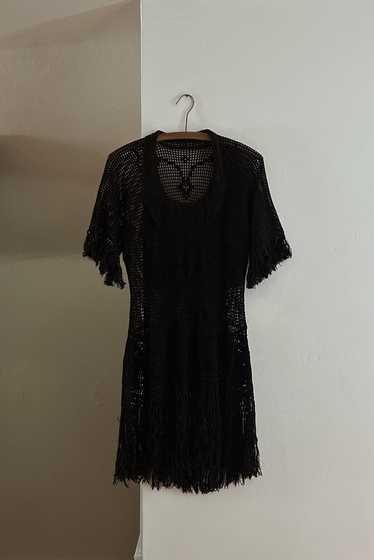 1920's BLACK CROCHET FRINGE DRESS | SIZE M