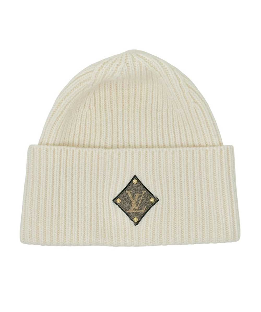Louis Vuitton Cream Knit Beanie with Leather Logo… - image 1