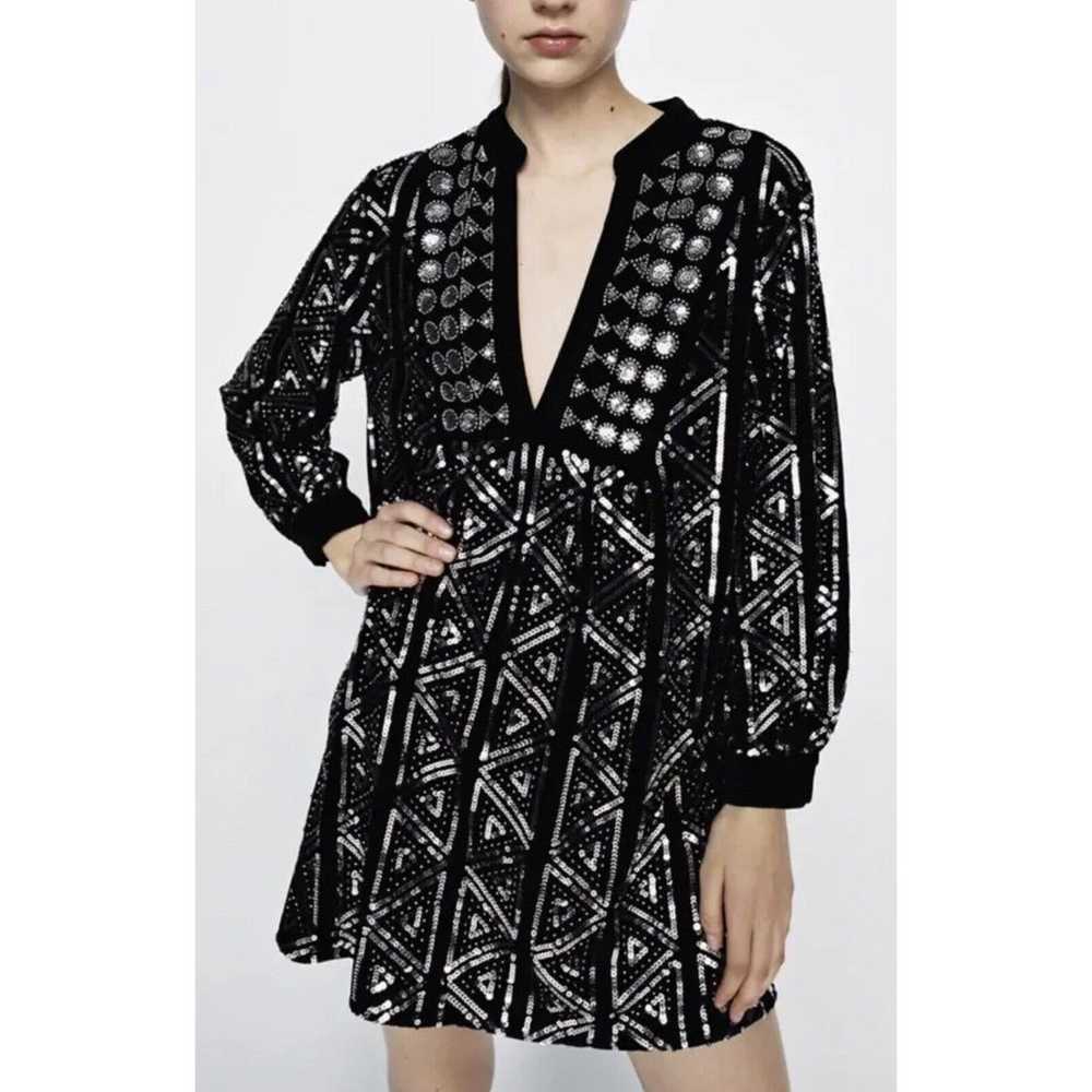 Zara Black Velvet Dress Silver Sequins Mini Holid… - image 1