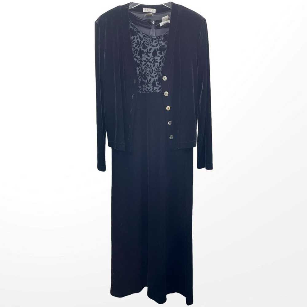 90s FOCUS Vintage Black Velvet Jacket Dress Set w… - image 11