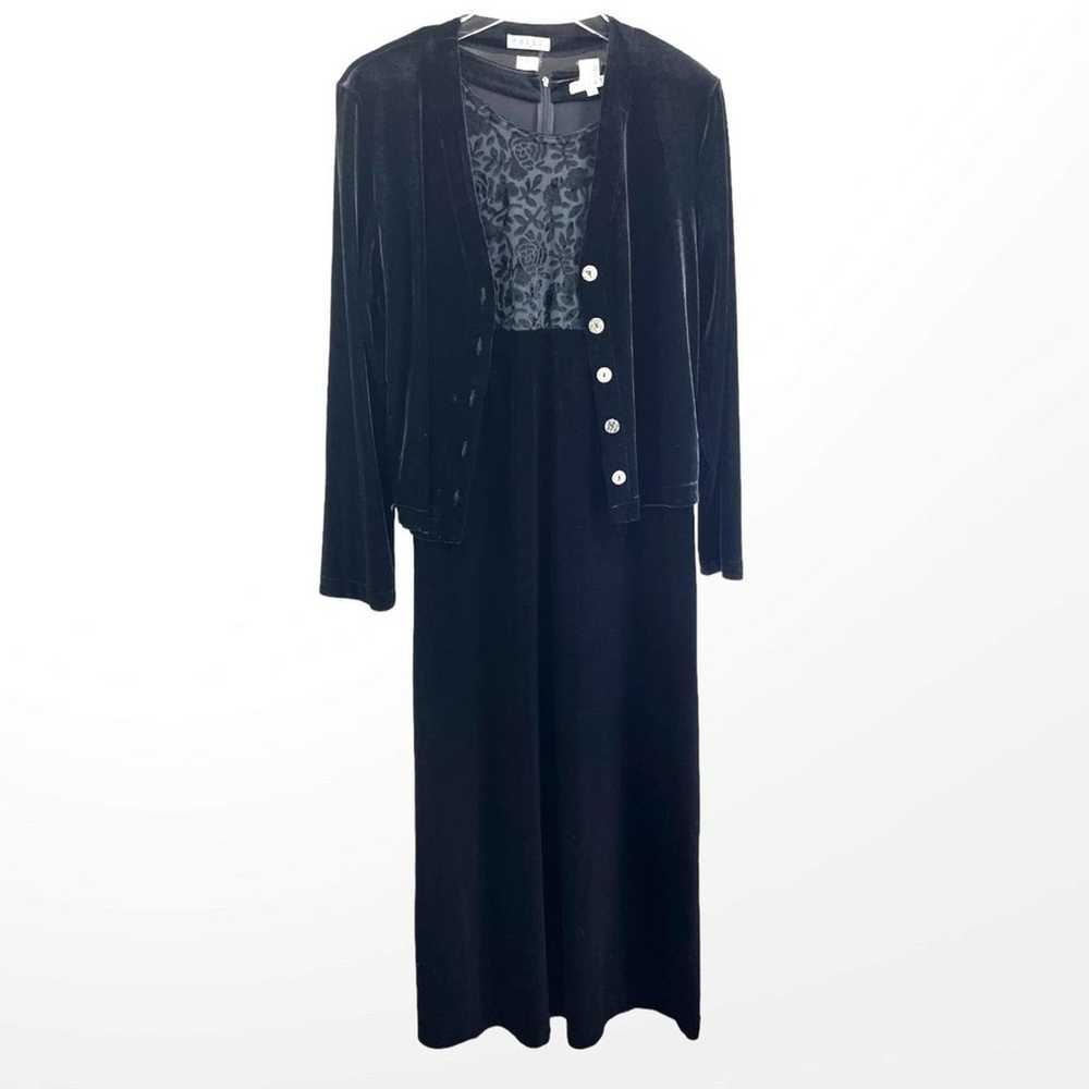 90s FOCUS Vintage Black Velvet Jacket Dress Set w… - image 12