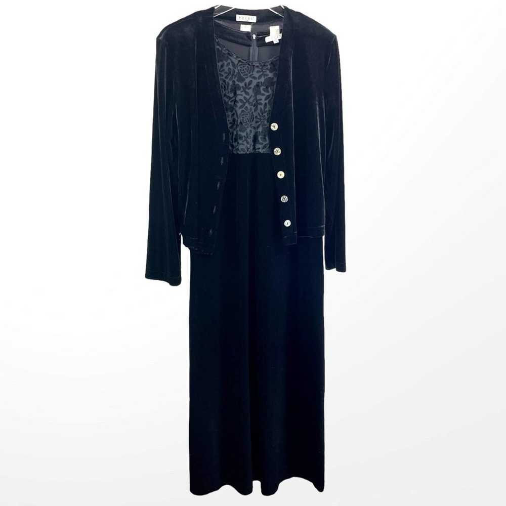 90s FOCUS Vintage Black Velvet Jacket Dress Set w… - image 1