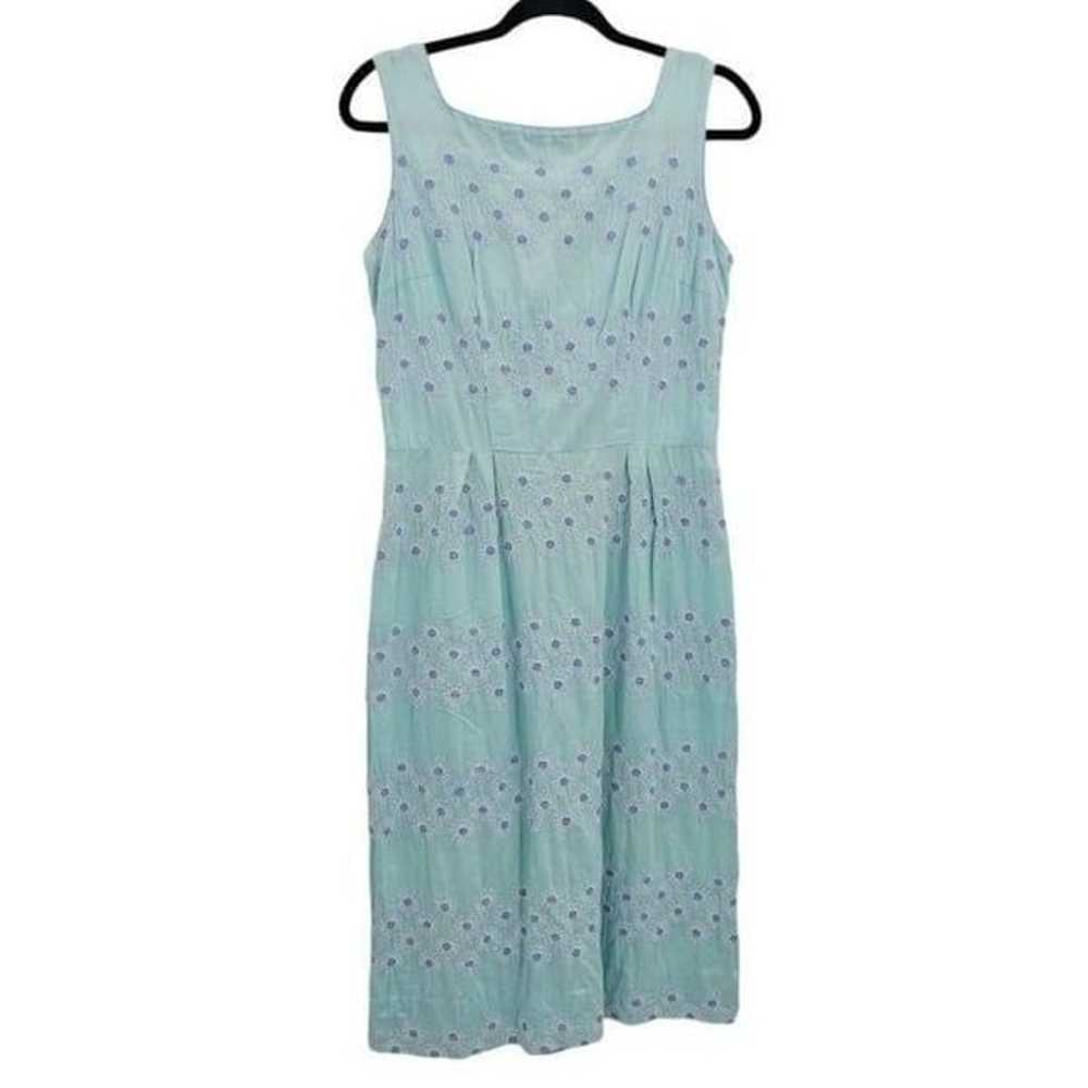 Vtg 60's Dress Hostess Sleeveless Pastel Blue Emb… - image 3