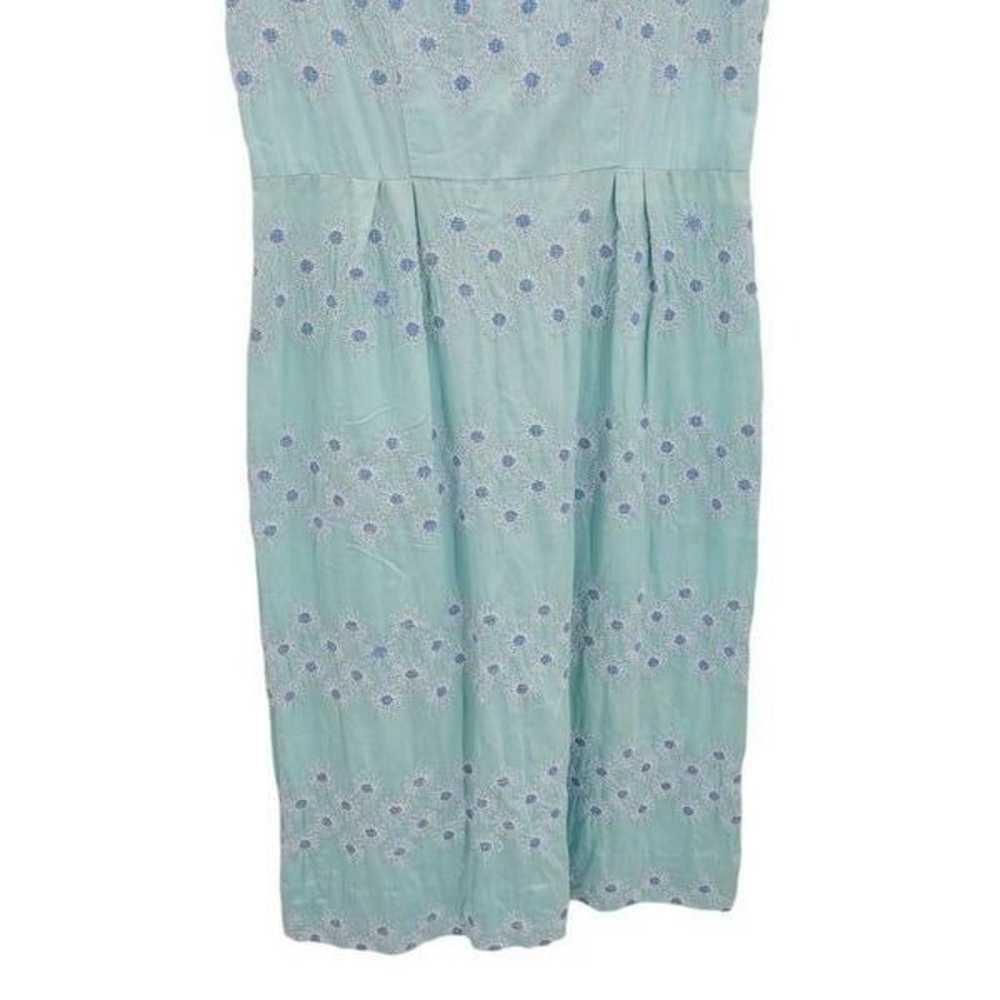 Vtg 60's Dress Hostess Sleeveless Pastel Blue Emb… - image 9