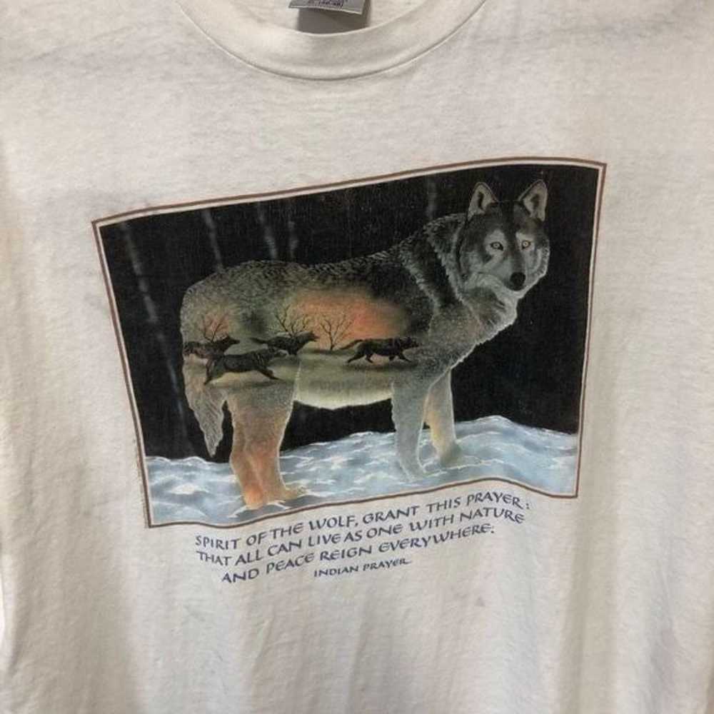 Oneita Single Stitch Vintage T-Shirt Wolf Indian … - image 3