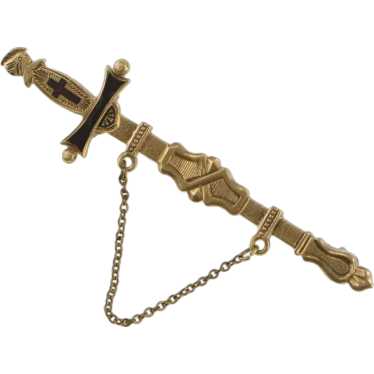 10K Knights Templar Enamel Sword Chain Pin/Brooch 