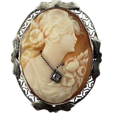 14 Karat White Gold and Diamond Cameo Brooch/Penda