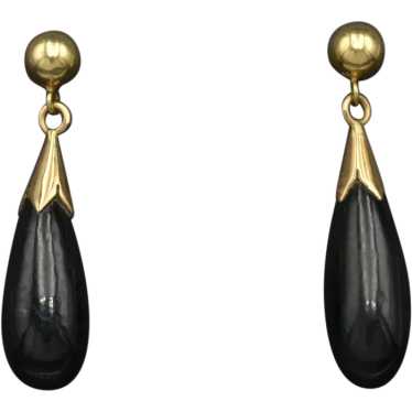 Vintage Black Onyx and 14k Gold Drop Earrings - image 1