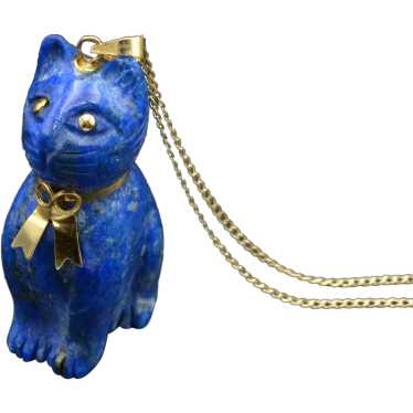 Vintage Lapis Lazuli and 14k Gold Cat Pendant Neck