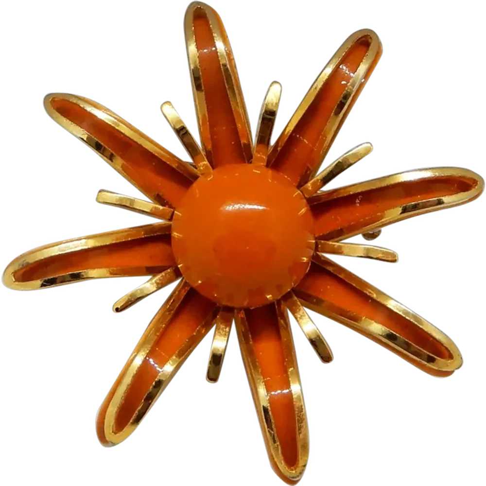 Vintage Orange and Gold Tone Flower Pin - image 1