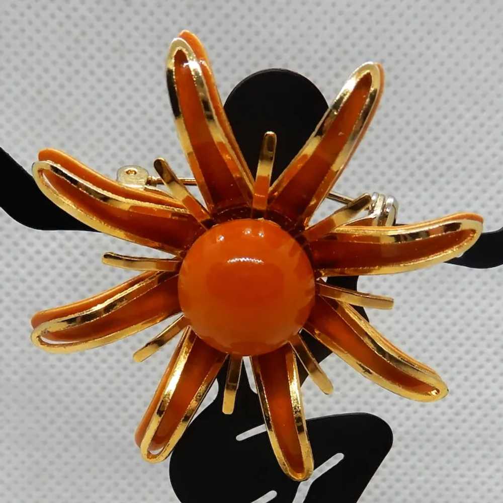 Vintage Orange and Gold Tone Flower Pin - image 2