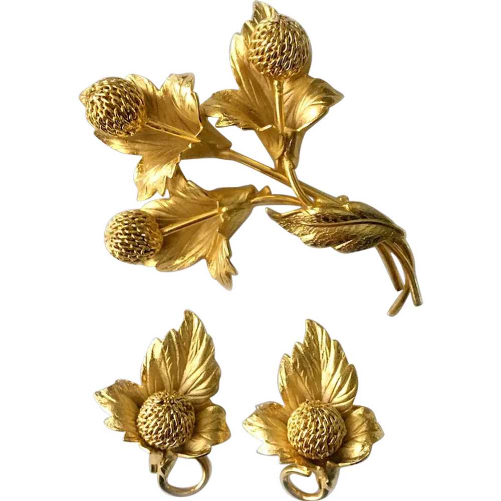 Golden Pompom (Dahlia) Posy Brooch & Earrings Set… - image 1