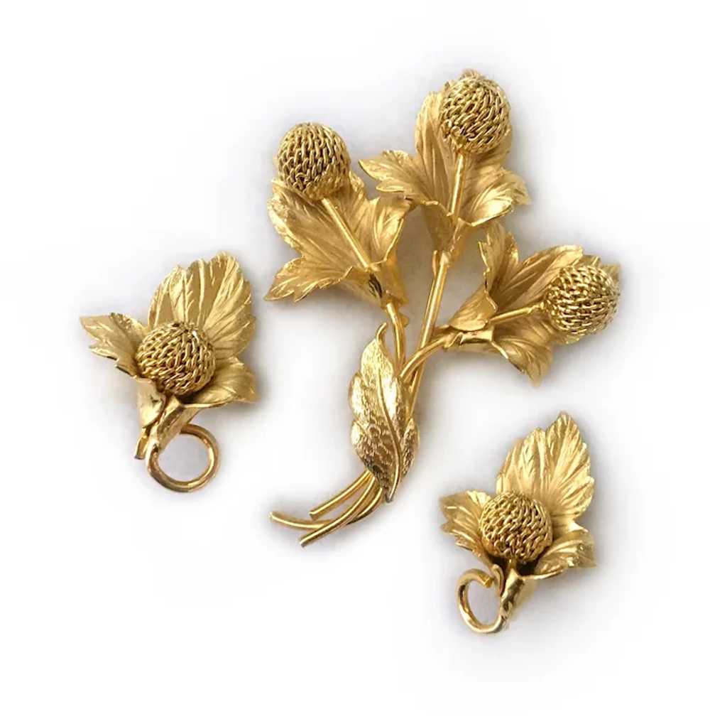 Golden Pompom (Dahlia) Posy Brooch & Earrings Set… - image 2