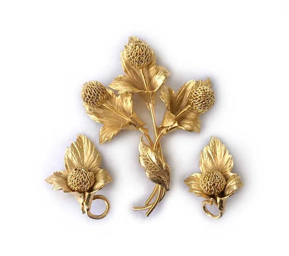 Golden Pompom (Dahlia) Posy Brooch & Earrings Set… - image 3