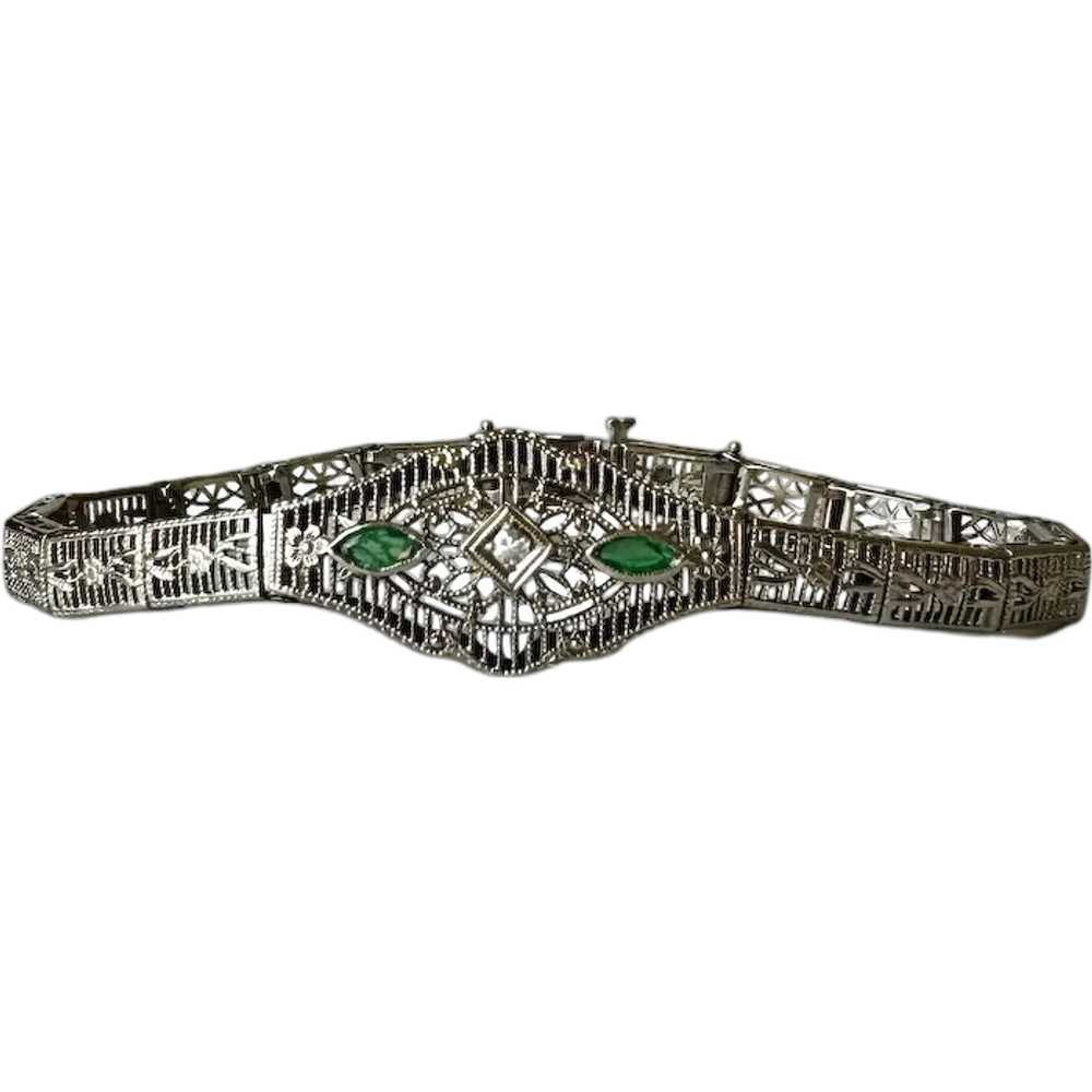 Art Deco 14K White Gold Diamond & Emeralds Filigr… - image 1