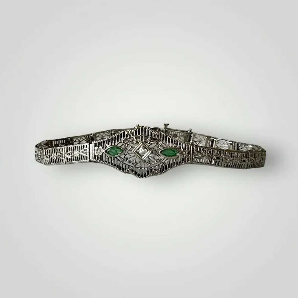 Art Deco 14K White Gold Diamond & Emeralds Filigr… - image 6