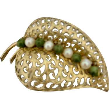 Vintage 12kt G Filled a Genuine Pearls Jade Leaf B