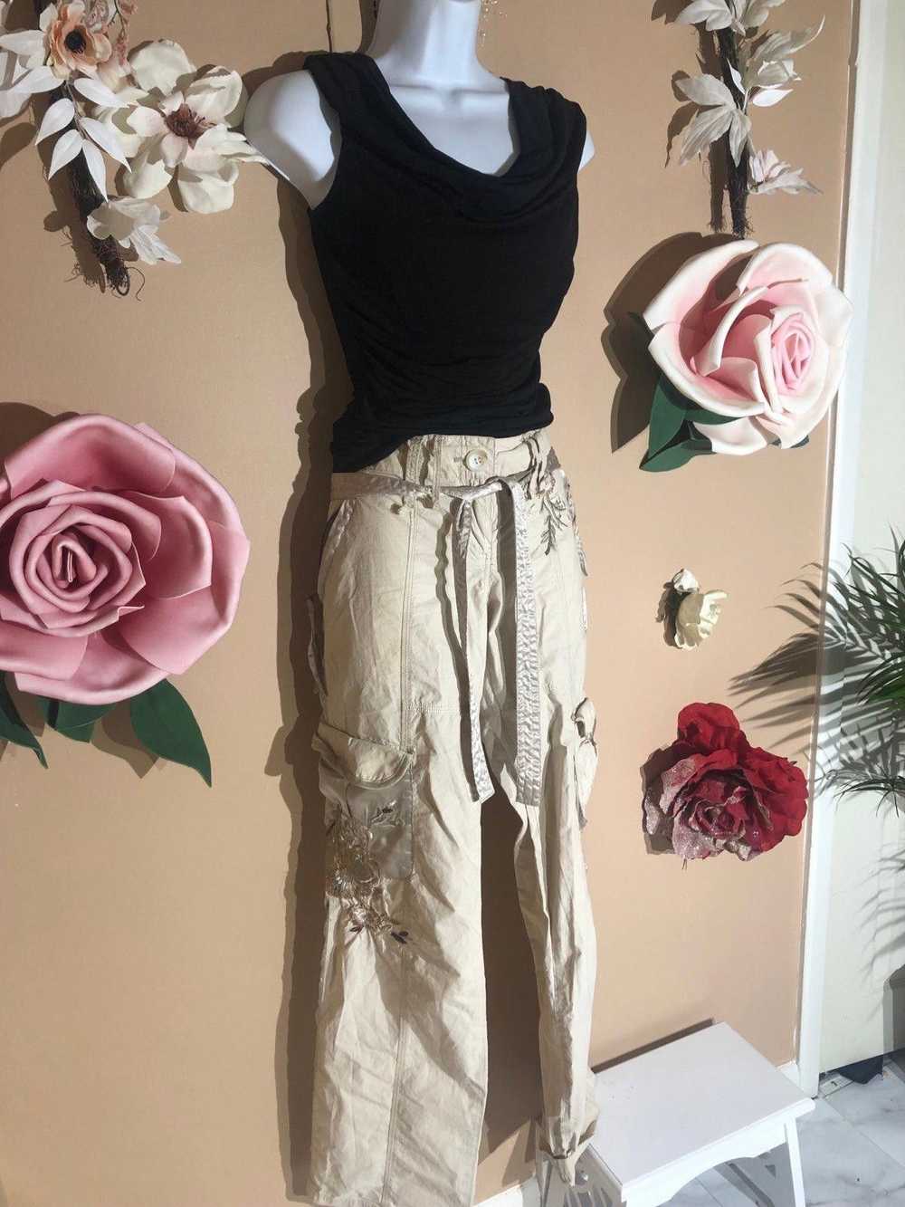 Designer Cream colored cargo pants with floral em… - image 1