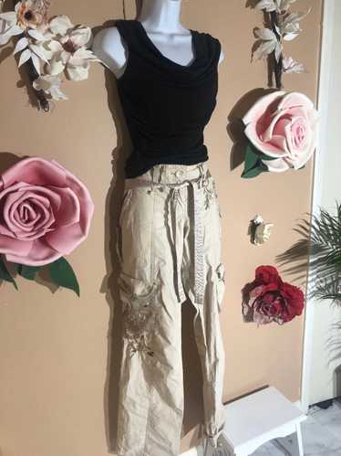 Designer Cream colored cargo pants with floral em… - image 1