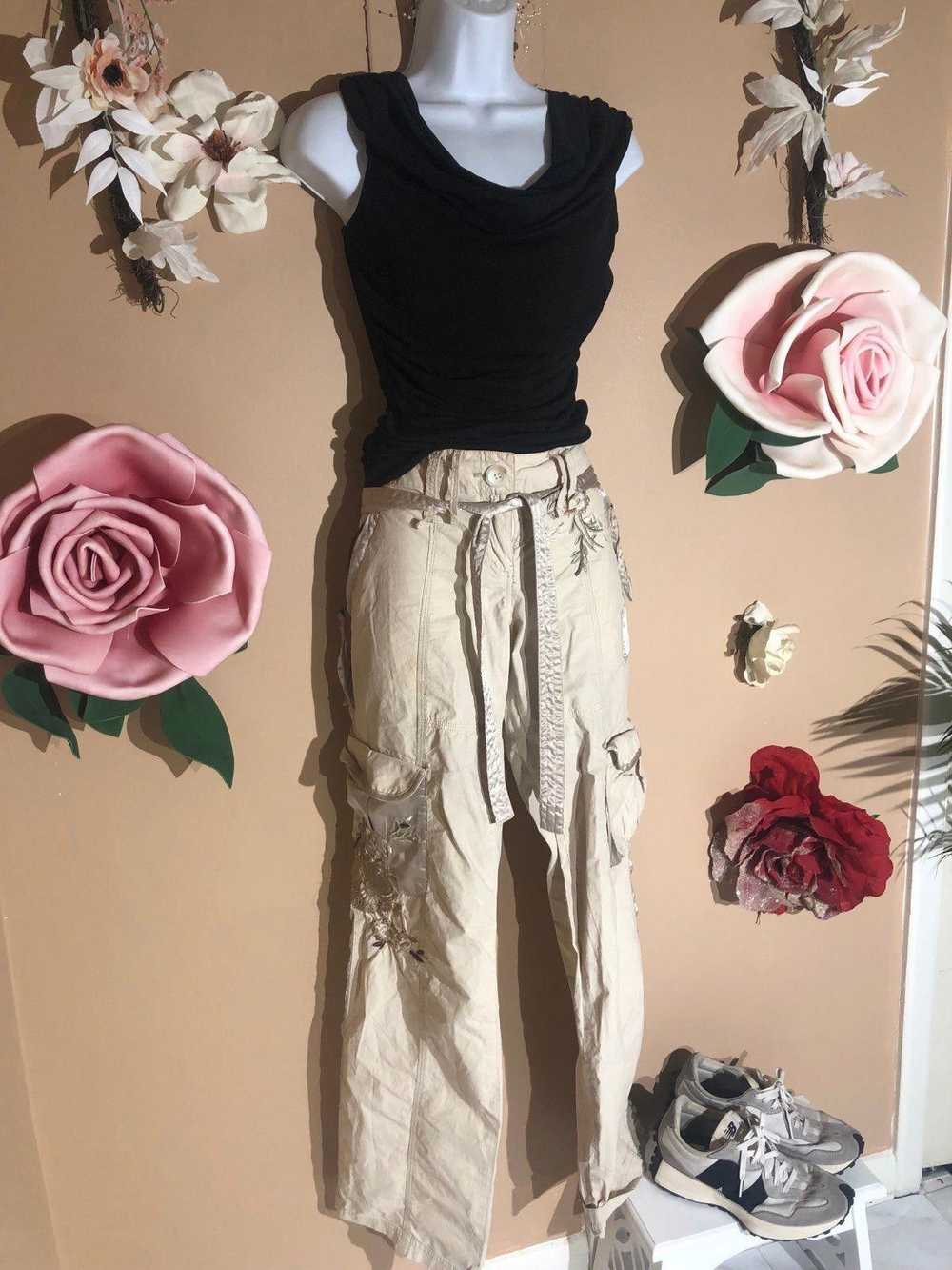 Designer Cream colored cargo pants with floral em… - image 2