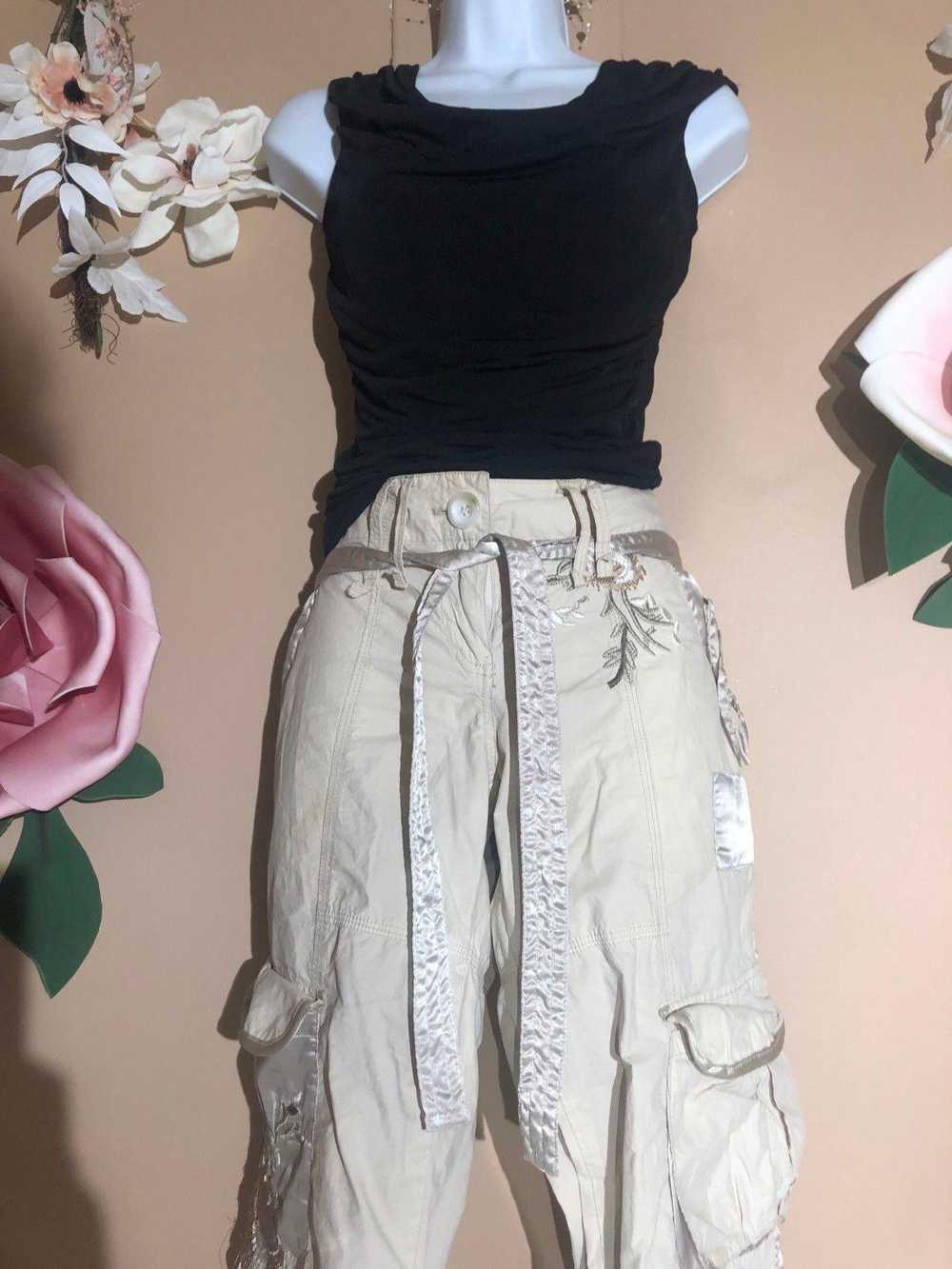 Designer Cream colored cargo pants with floral em… - image 6
