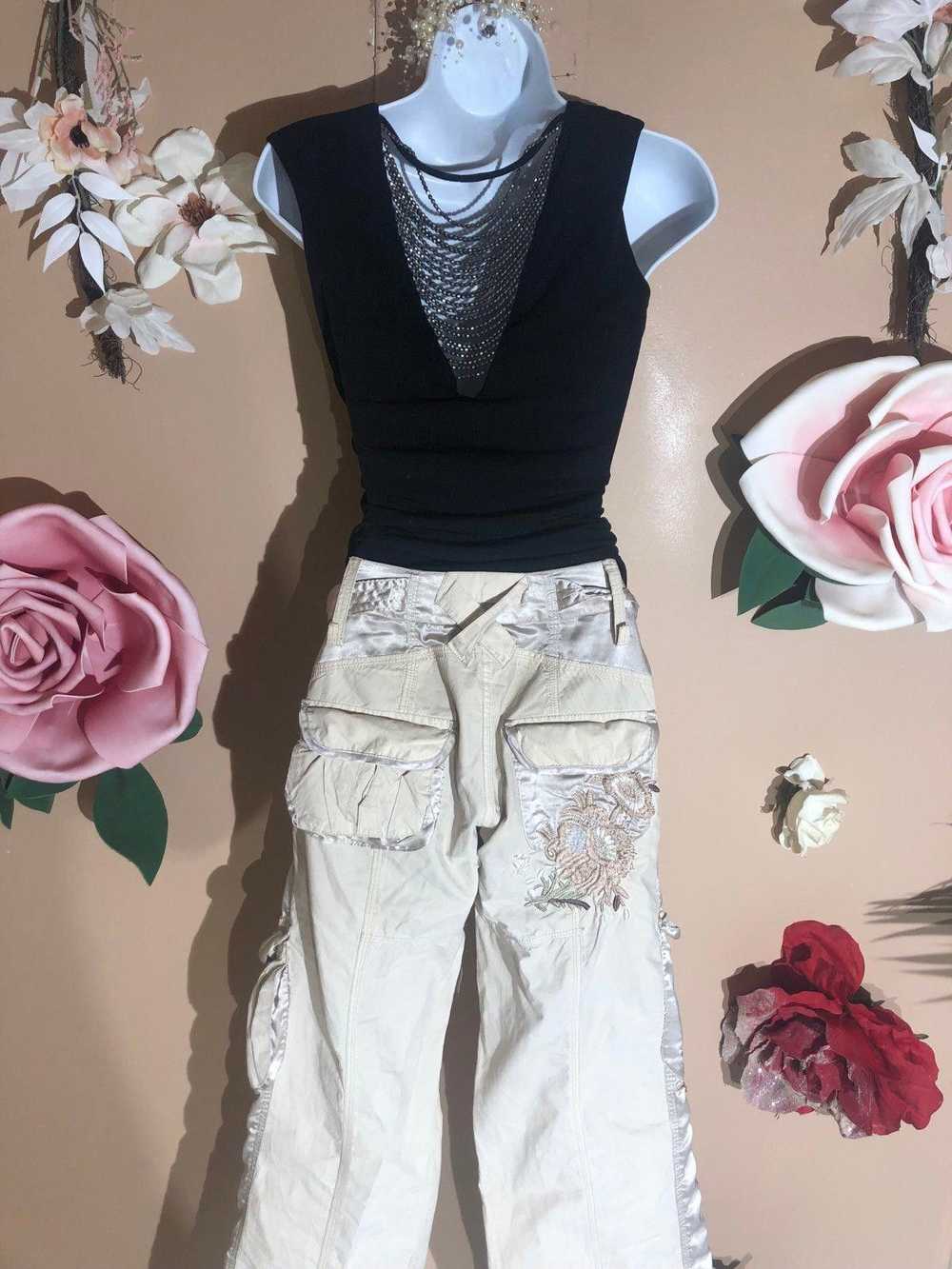 Designer Cream colored cargo pants with floral em… - image 7