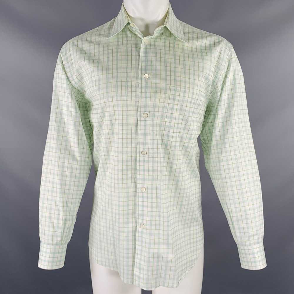 Brioni White Green Plaid Cotton Button Up Long Sl… - image 1