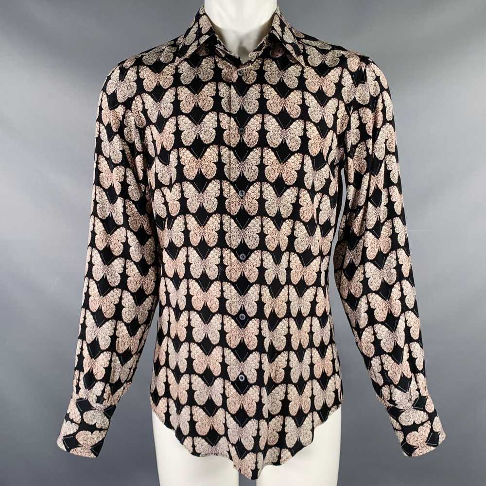 Gucci Black Rose Grey Butterfly Silk Button Up Lo… - image 1