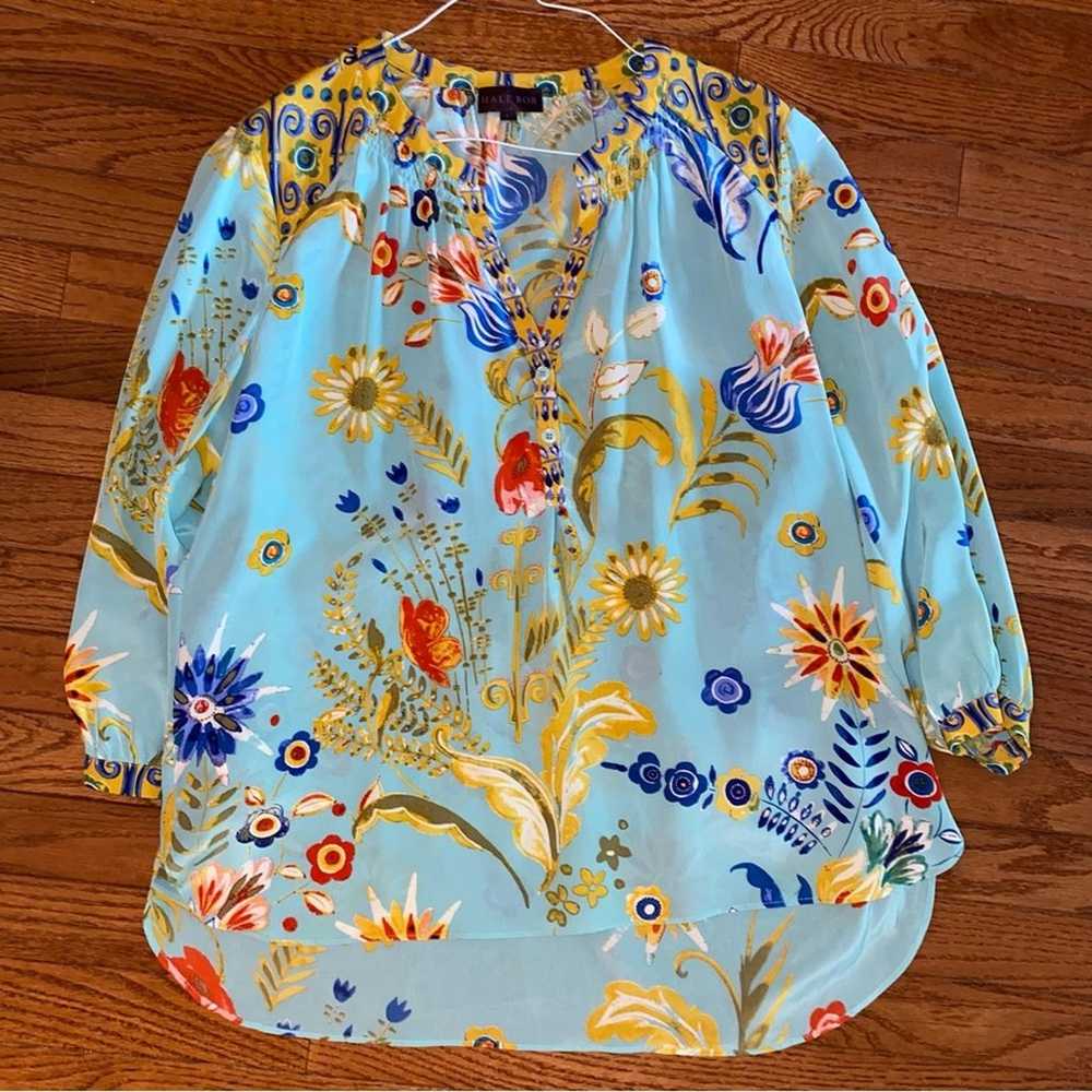 Hale Bob $300 Silk Turquoise & Yellow Floral Tuni… - image 2