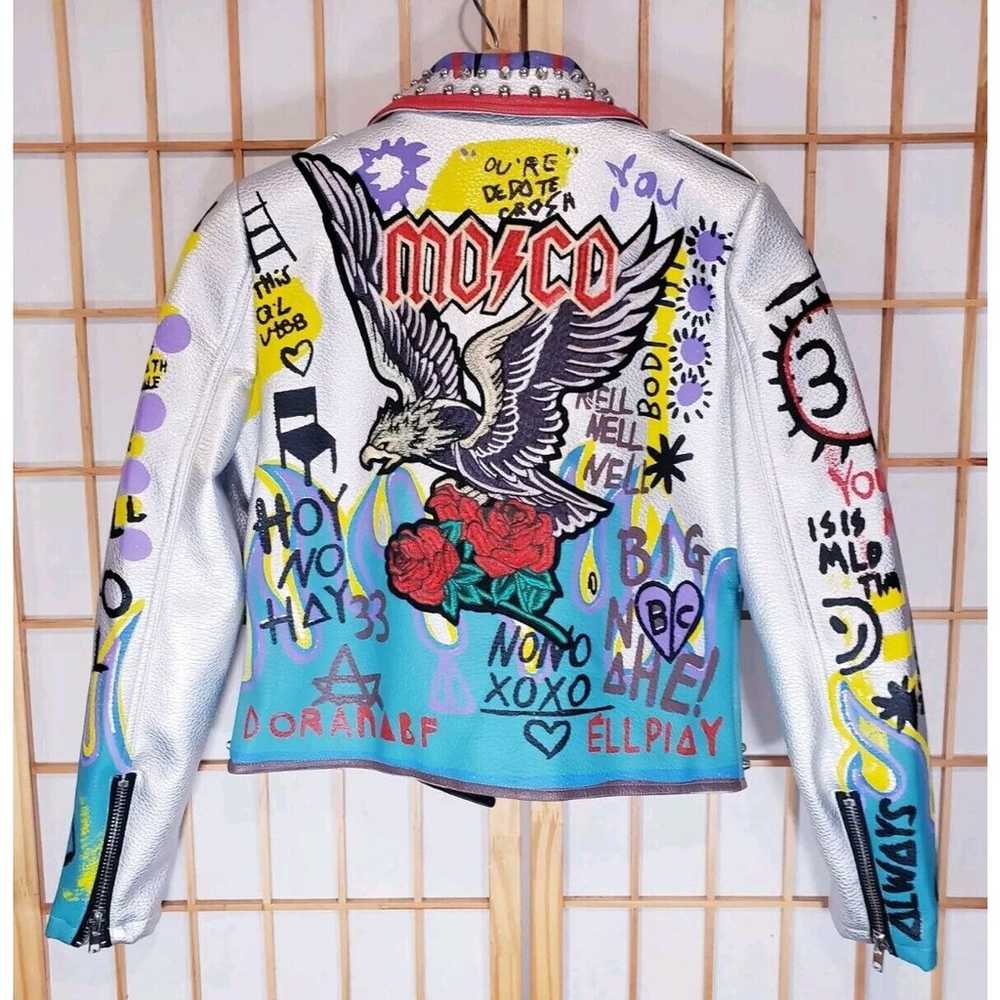 NWOT Punk Synthetic Leather Jacket Graffiti Stree… - image 8