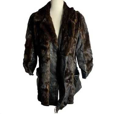 Vintage 70s Real Fur Leather Panel Coat M Black B… - image 1