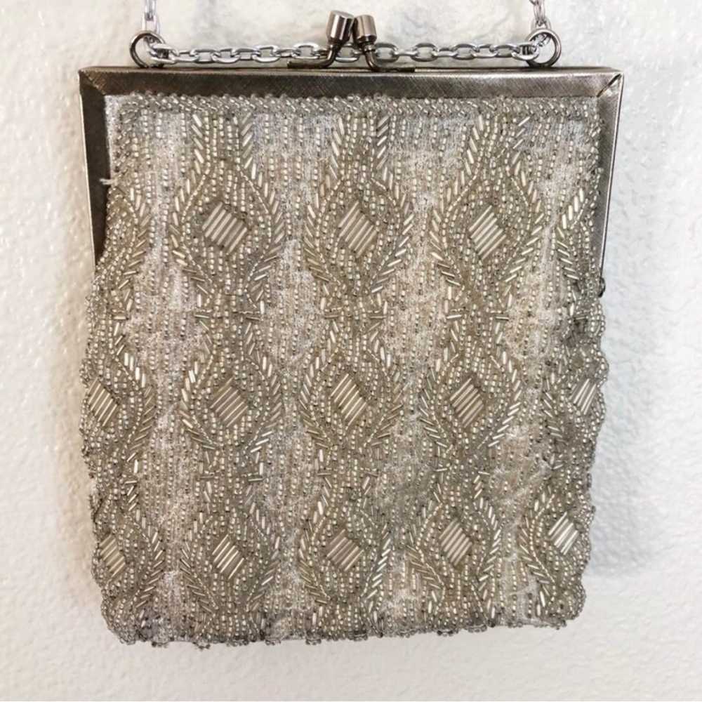 Vintage White Silver Beaded Purse - image 3