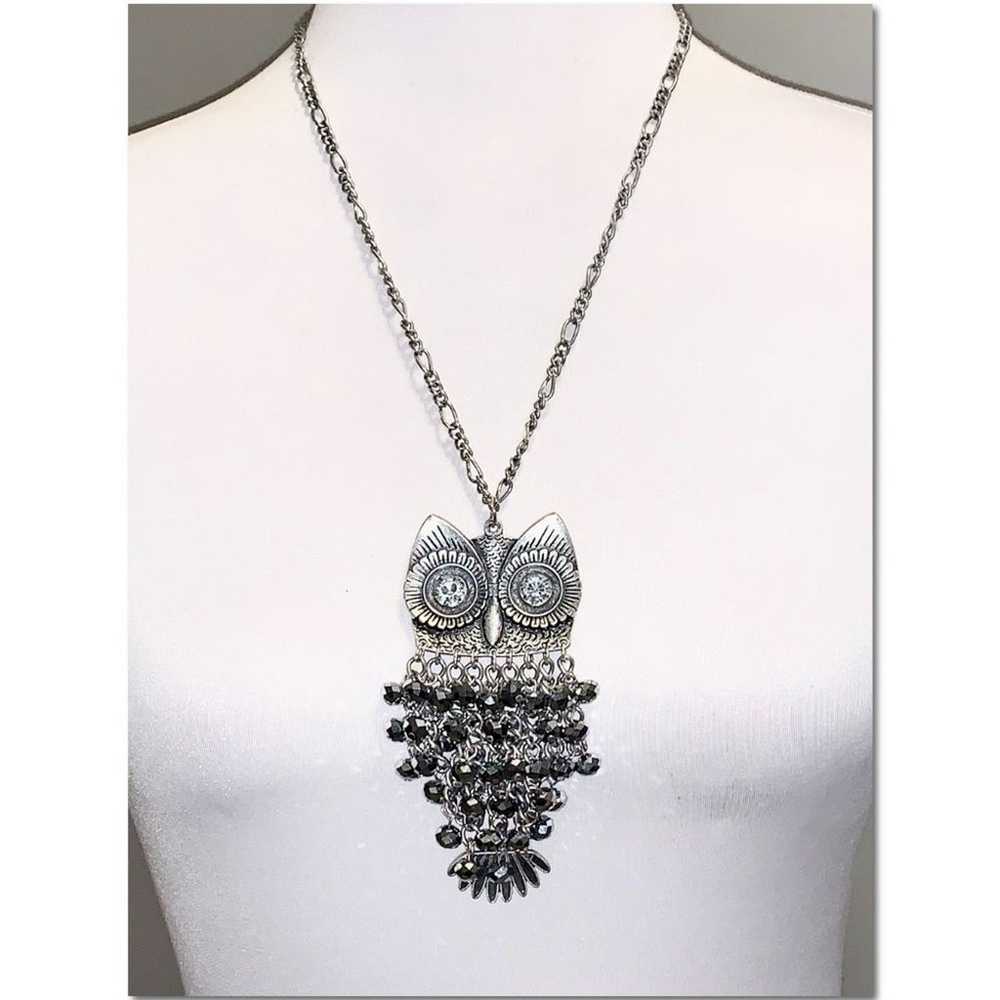 Silver Owl Pendant Statement Necklace with Crysta… - image 1