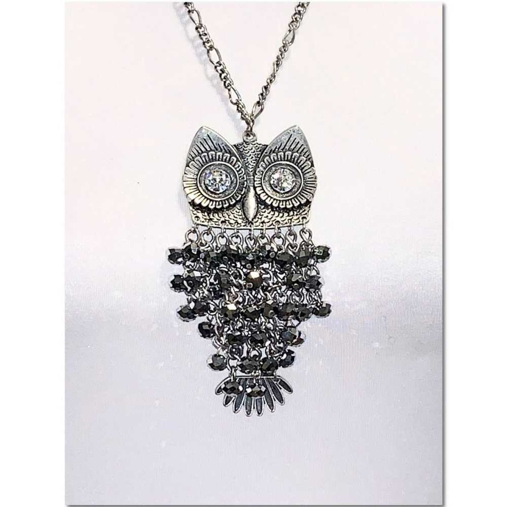 Silver Owl Pendant Statement Necklace with Crysta… - image 2