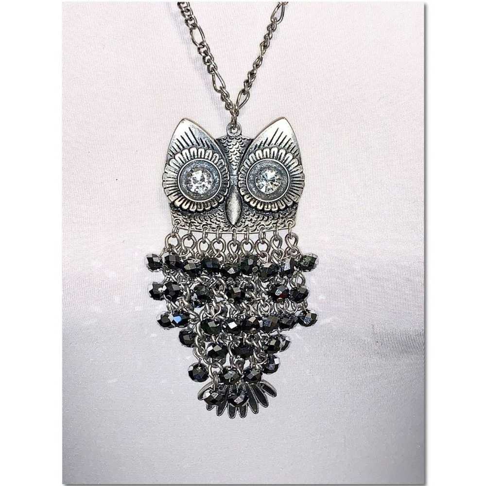 Silver Owl Pendant Statement Necklace with Crysta… - image 4