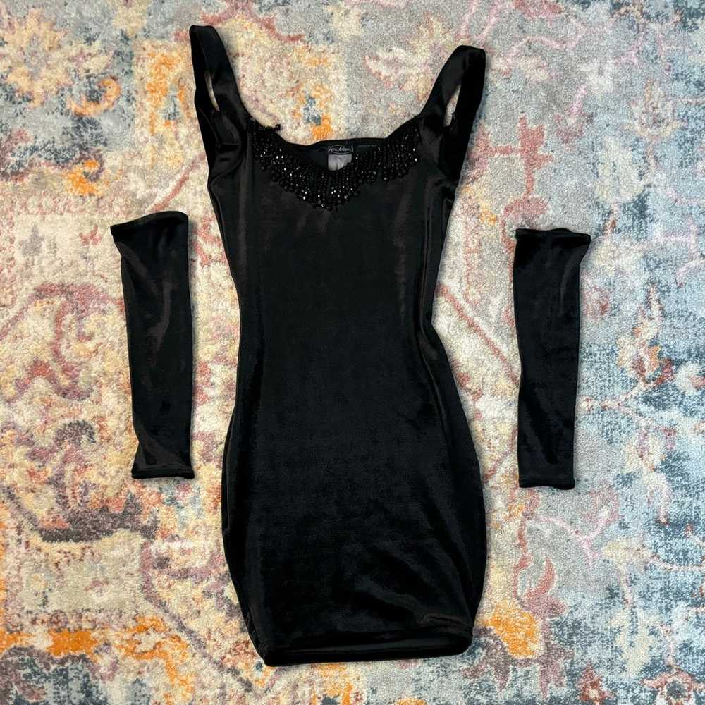 Vintage 80s / 90s velvet black mini dress with sl… - image 1