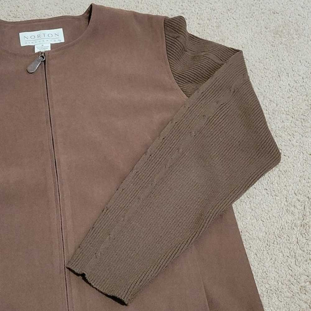 Vintage Faux Suede Knit Sleeves Zip Up Brown Jack… - image 3
