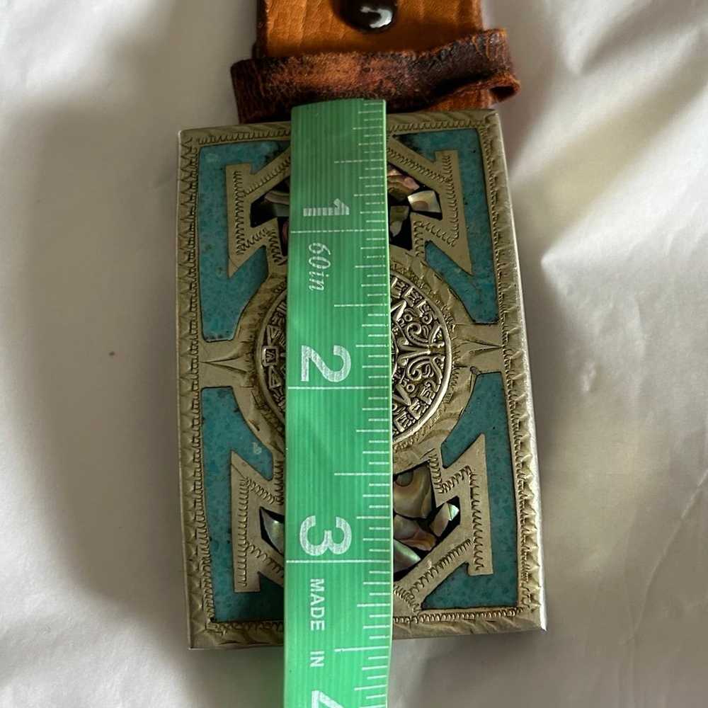 Vtg Belt Aztec Mayan Calendar Belt Buckle Brown T… - image 11