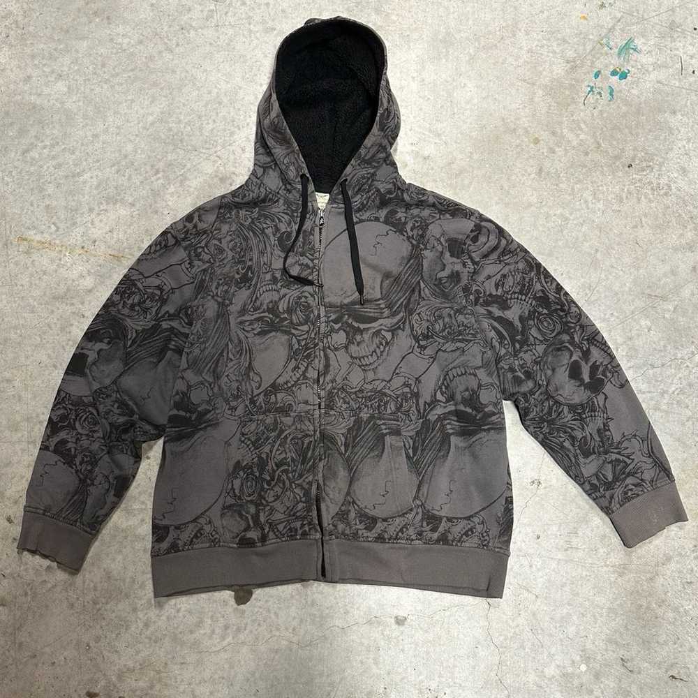 Rare y2k Faded Glory skull AOP hoodie - image 3