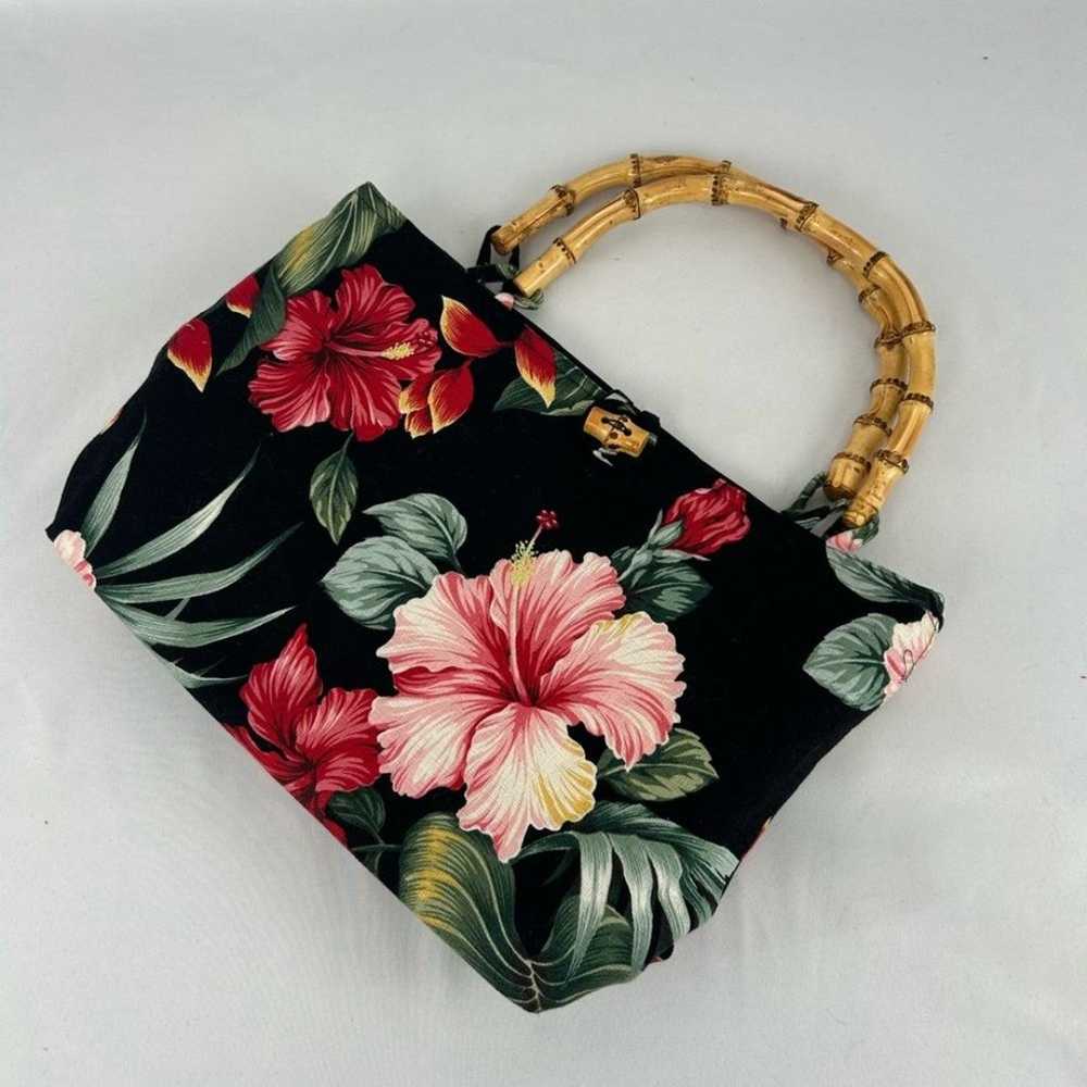 Black Hawaiian Floral Shoulder Bag with Bamboo Ha… - image 1