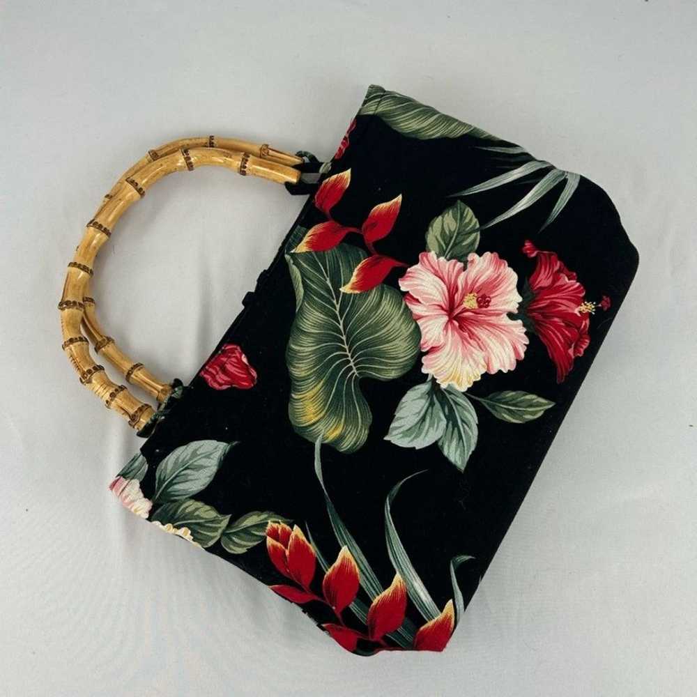 Black Hawaiian Floral Shoulder Bag with Bamboo Ha… - image 2