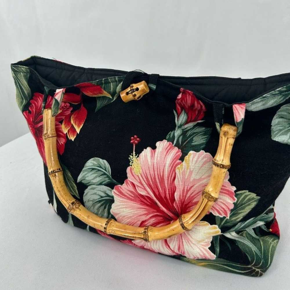 Black Hawaiian Floral Shoulder Bag with Bamboo Ha… - image 4