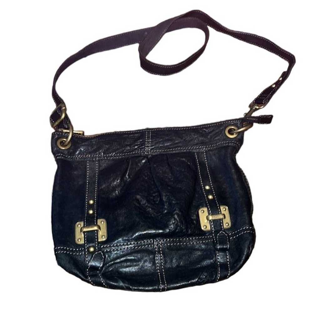 Vintage Fossil Black Crossbody with Gold Accents - image 2