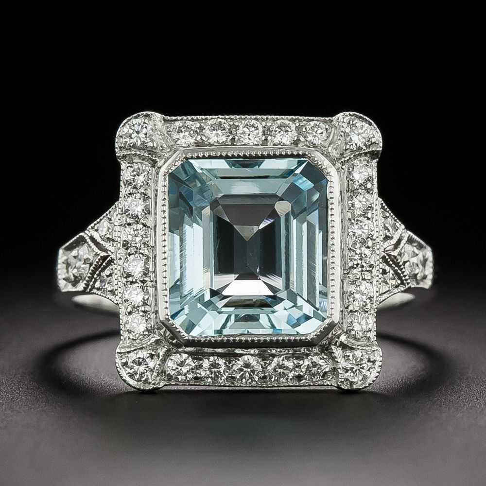 Art Deco-Style Aquamarine and Diamond Ring - image 1