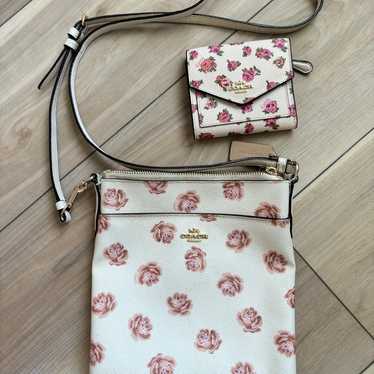 Coach crossbody handbag and wallet cream w/roses - image 1
