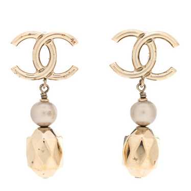 CHANEL Metal Bead Pearl CC Drop Earrings Golden Pe